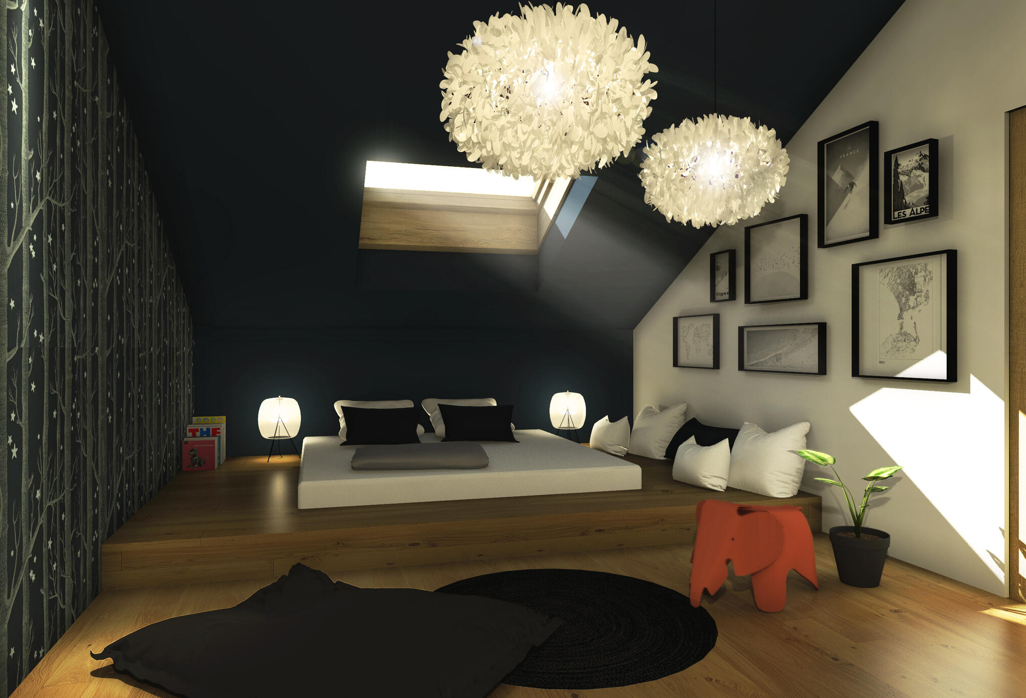 Le choix de peindre le plafond en couleur renforce l'effet cocon de cette pièce. Le papier peint à motifs Col&Son-Woods&Stars