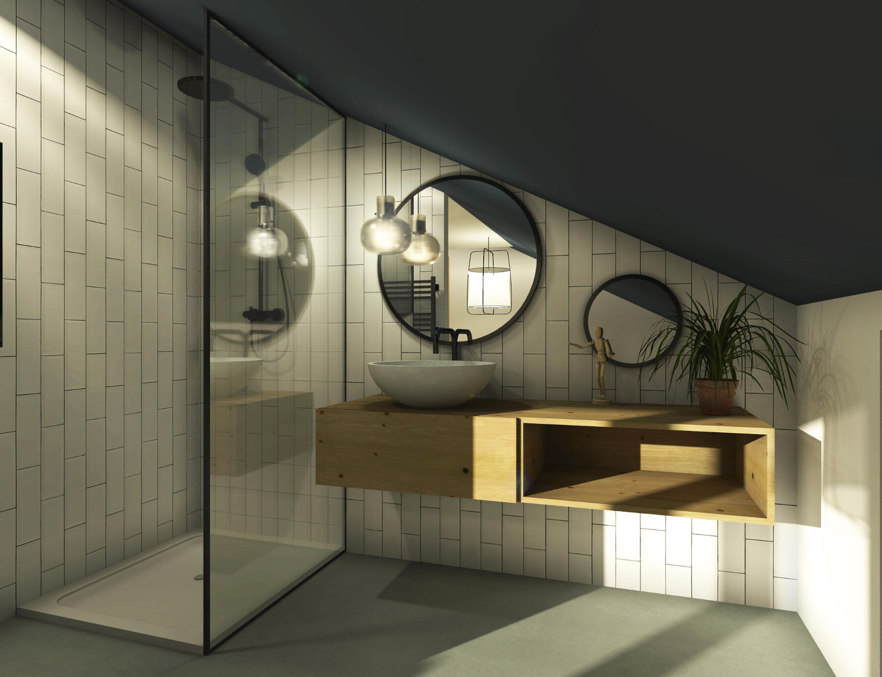 Des carreaux de métro avec un calepinage différent. Le blanc apporte de la luminosité, le bleu nuit de la profondeur à l'espace.