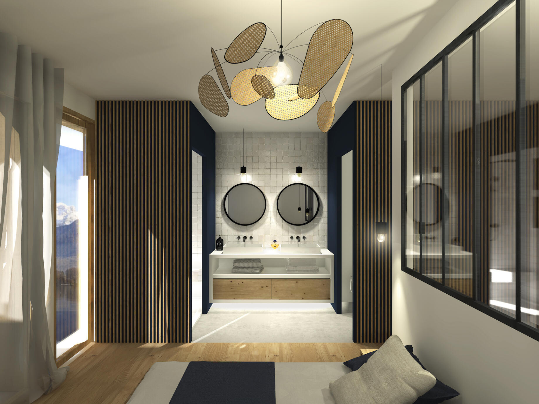 Création d'une grande suite parentale de 28m2. La symétrie entre douche et toilette est accentué par le plan vasque central.