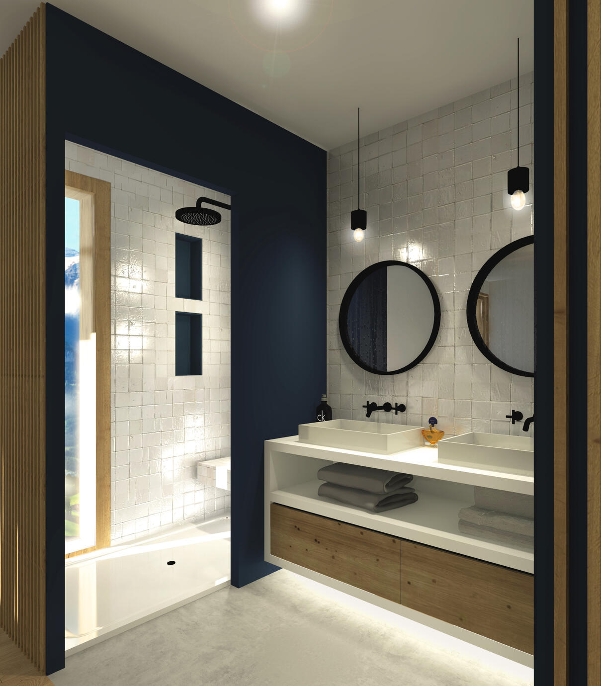 Une douche à l'italienne ouverte sur la salle de bain et sur la vue extérieur