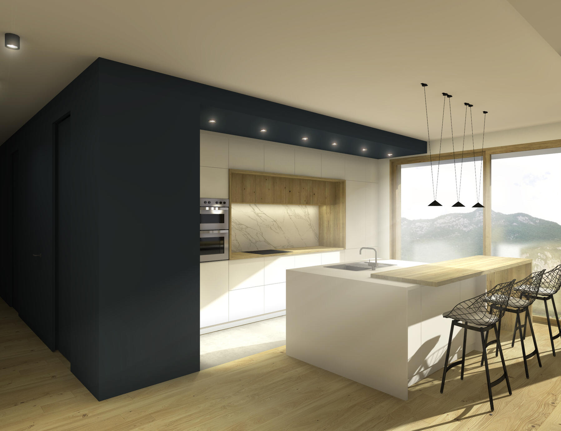 La couleur bleu marque le volume cuisine et délimite visuellement les espaces