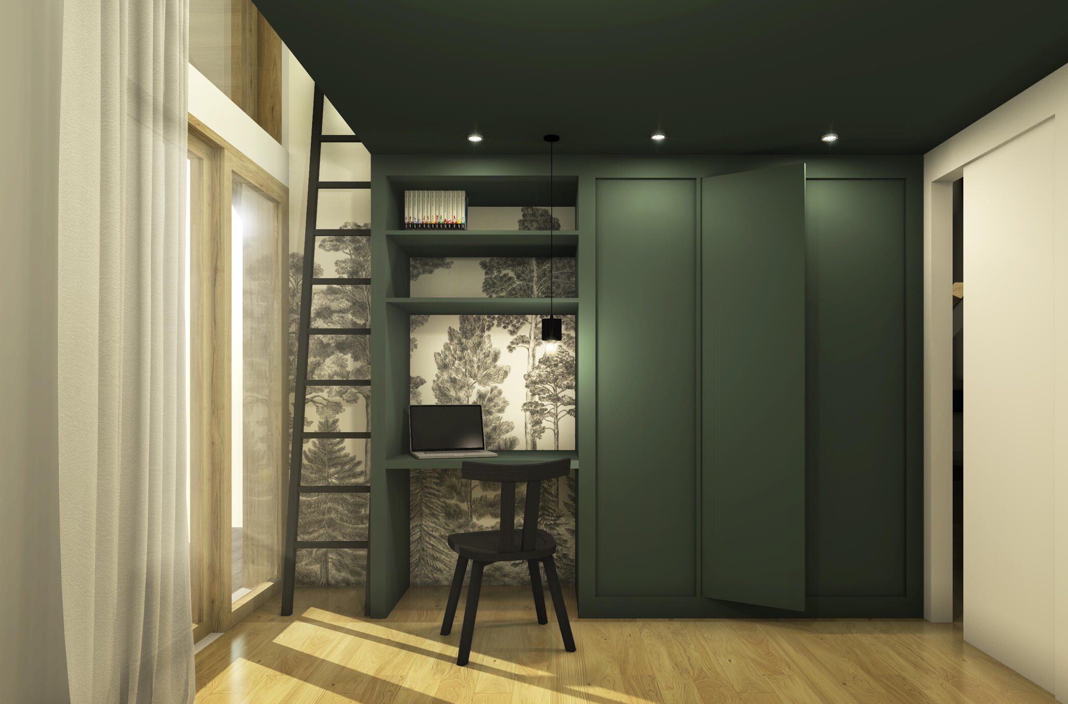 Création d’une chambre avec une mezzanine en sous-pente et de grands espaces pour les rangements