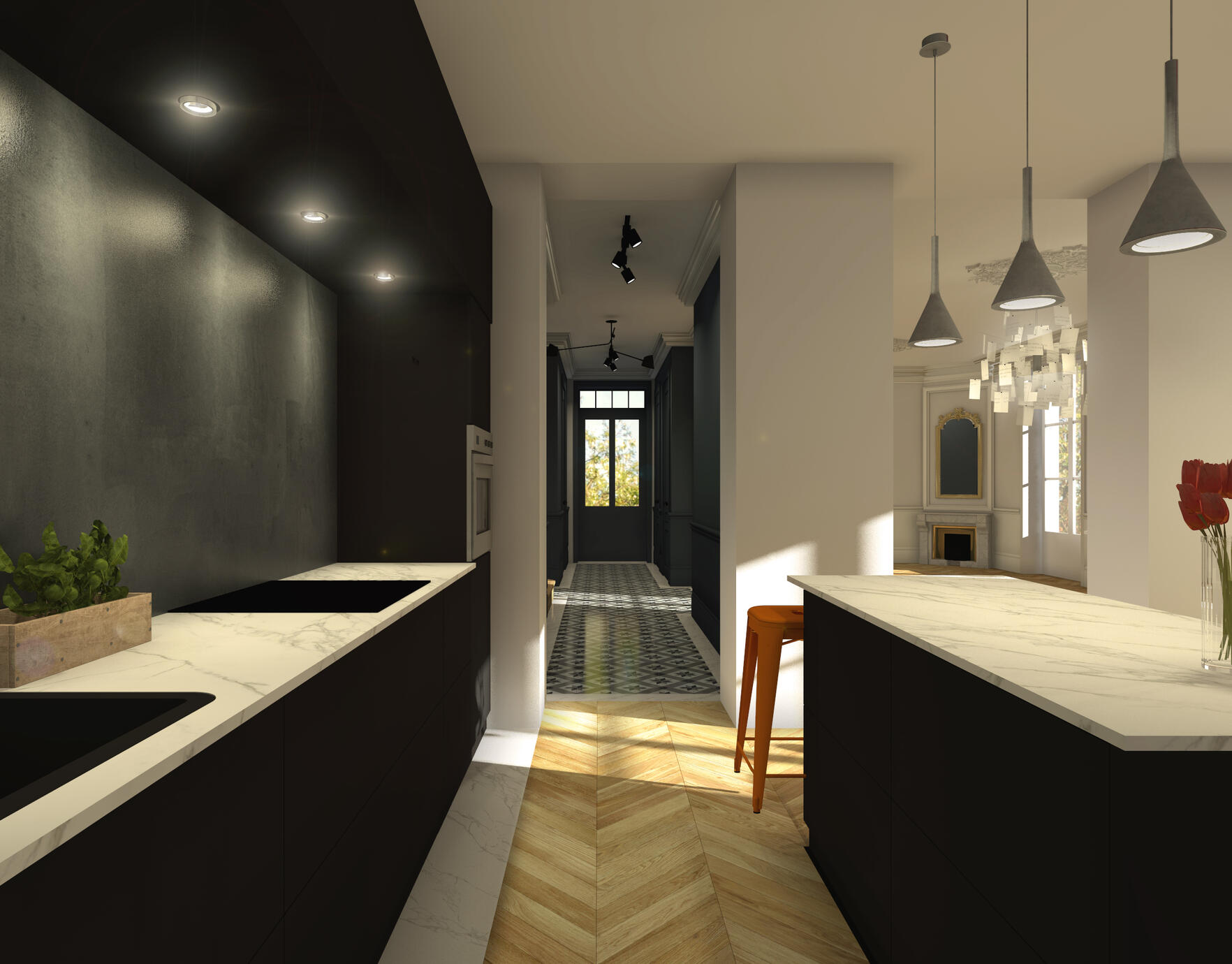 La cuisine s'inscrit comme le prolongement du couloir vers l'entrée. Cuisine noir mat pour renforcer la modernité.