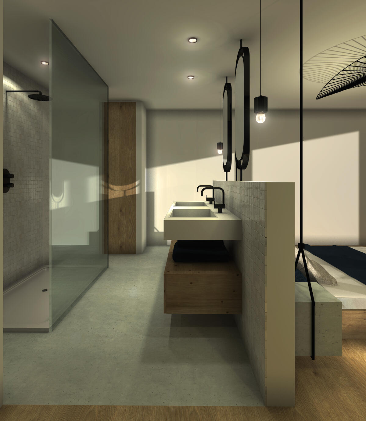 Meuble vasque double derrière la tête de lit. On accède à l'immense douche à l'italienne depuis chaque côté du lit.