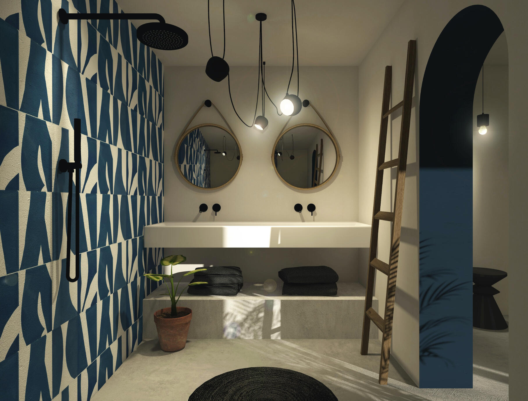 Le bleu pour souligner l'arche de l'entrée dans la salle de bain. Carreaux Popham design inspiré du Maroc.