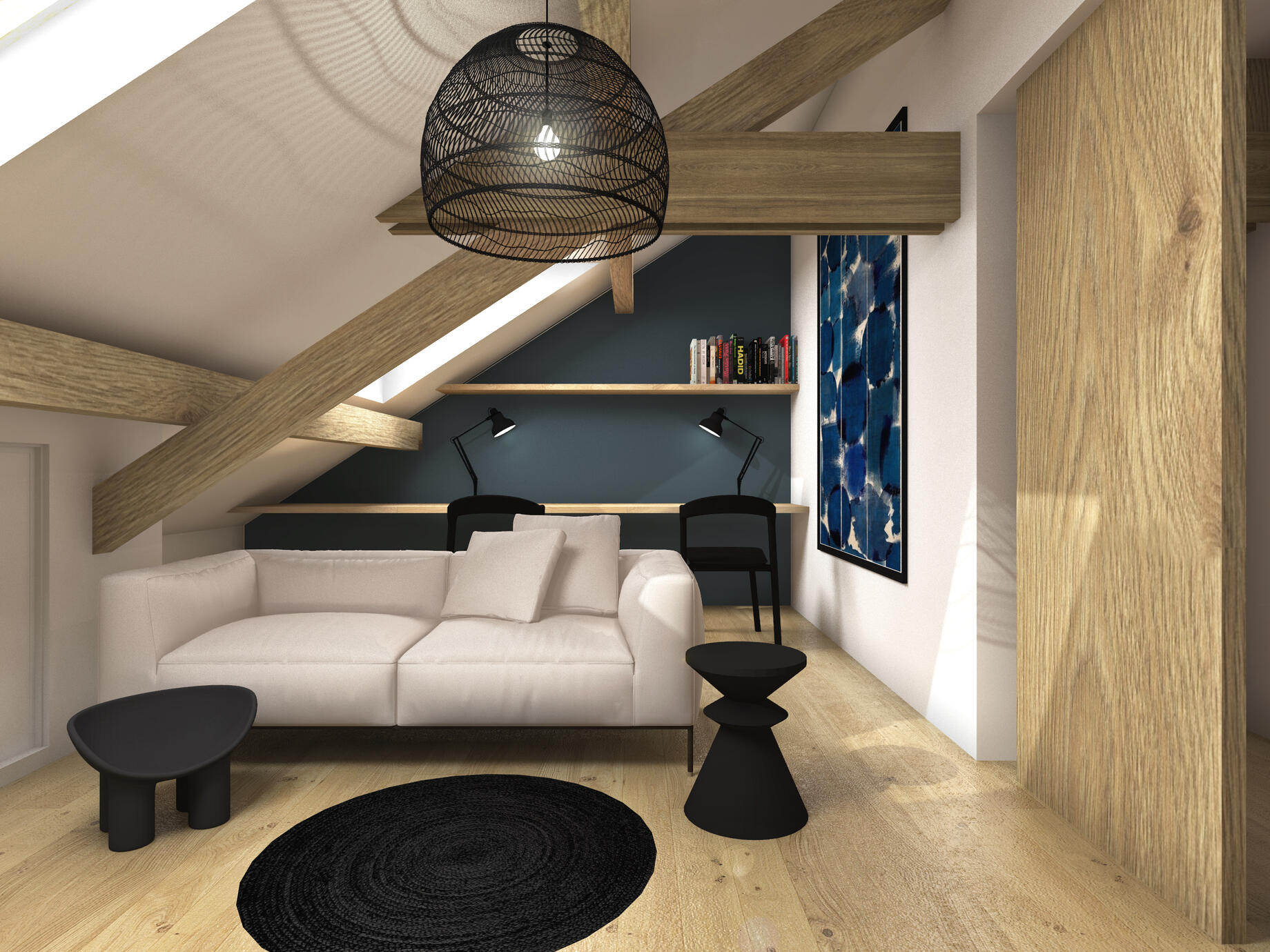 Coin bureau. Mur peint en couleur sombre pour éviter l'effet de longueur de la pièce, ainsi l'élargir et faire echo au mur de la TV.