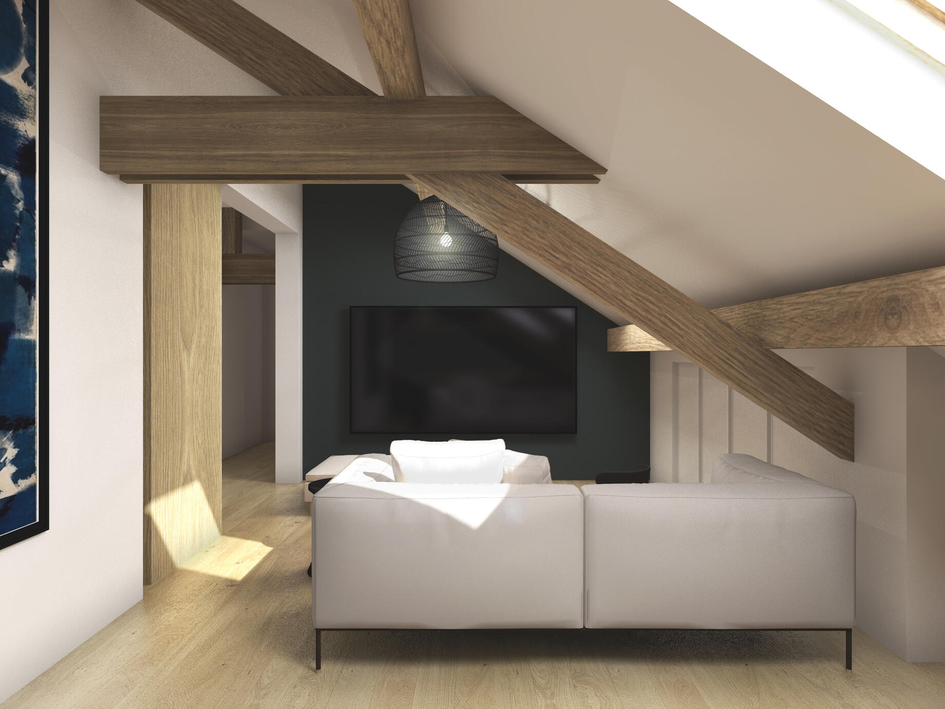 Salon TV. Toiture peinte en blanc pour moderniser la pièce mettre en valeur les poutres apparentes. Mur de la TV peint en couleur sombre pour fondre celle-ci.