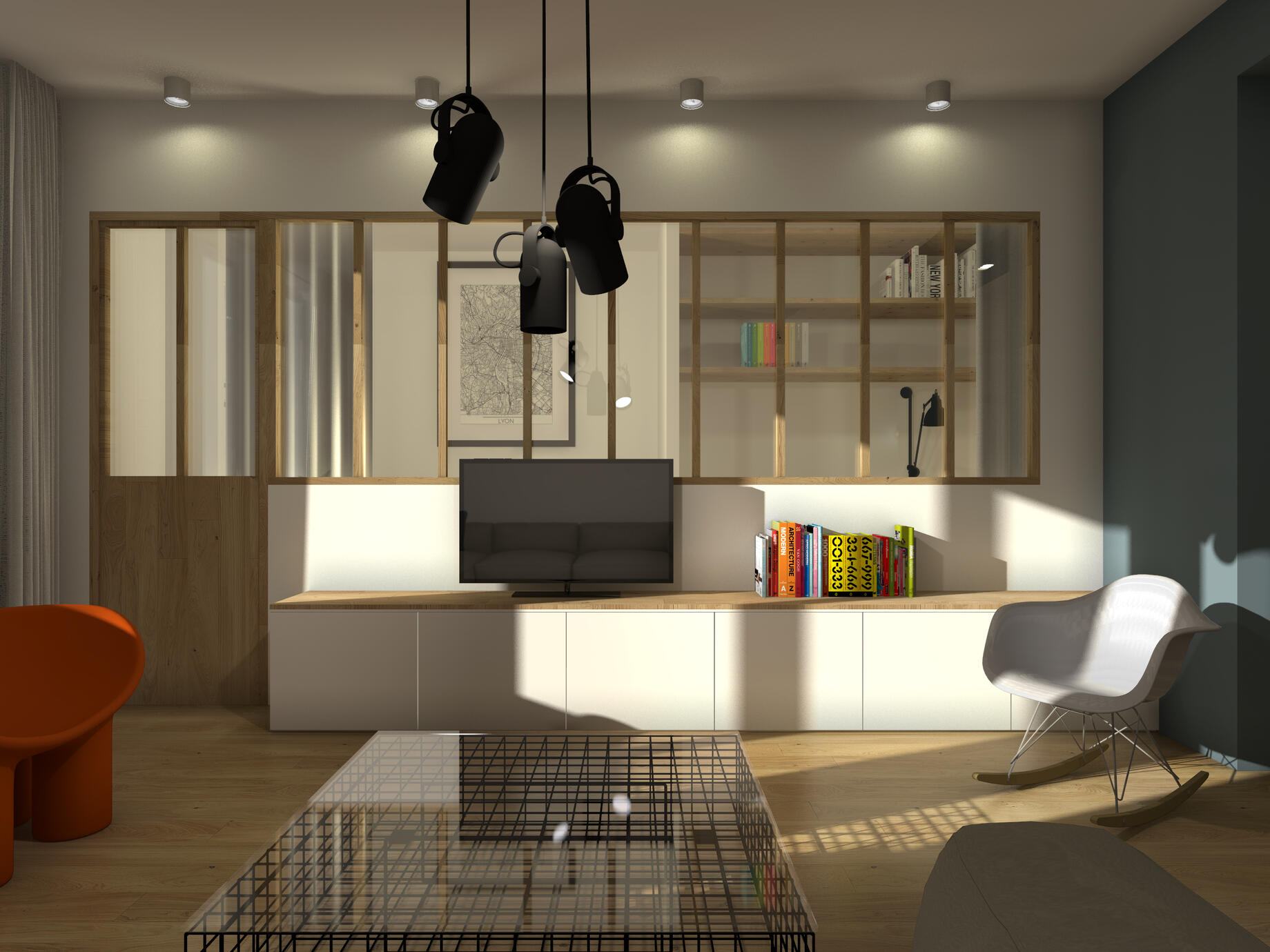 Le choix d'une verrière en bois pour plus de chaleur à cette appartement ancien.