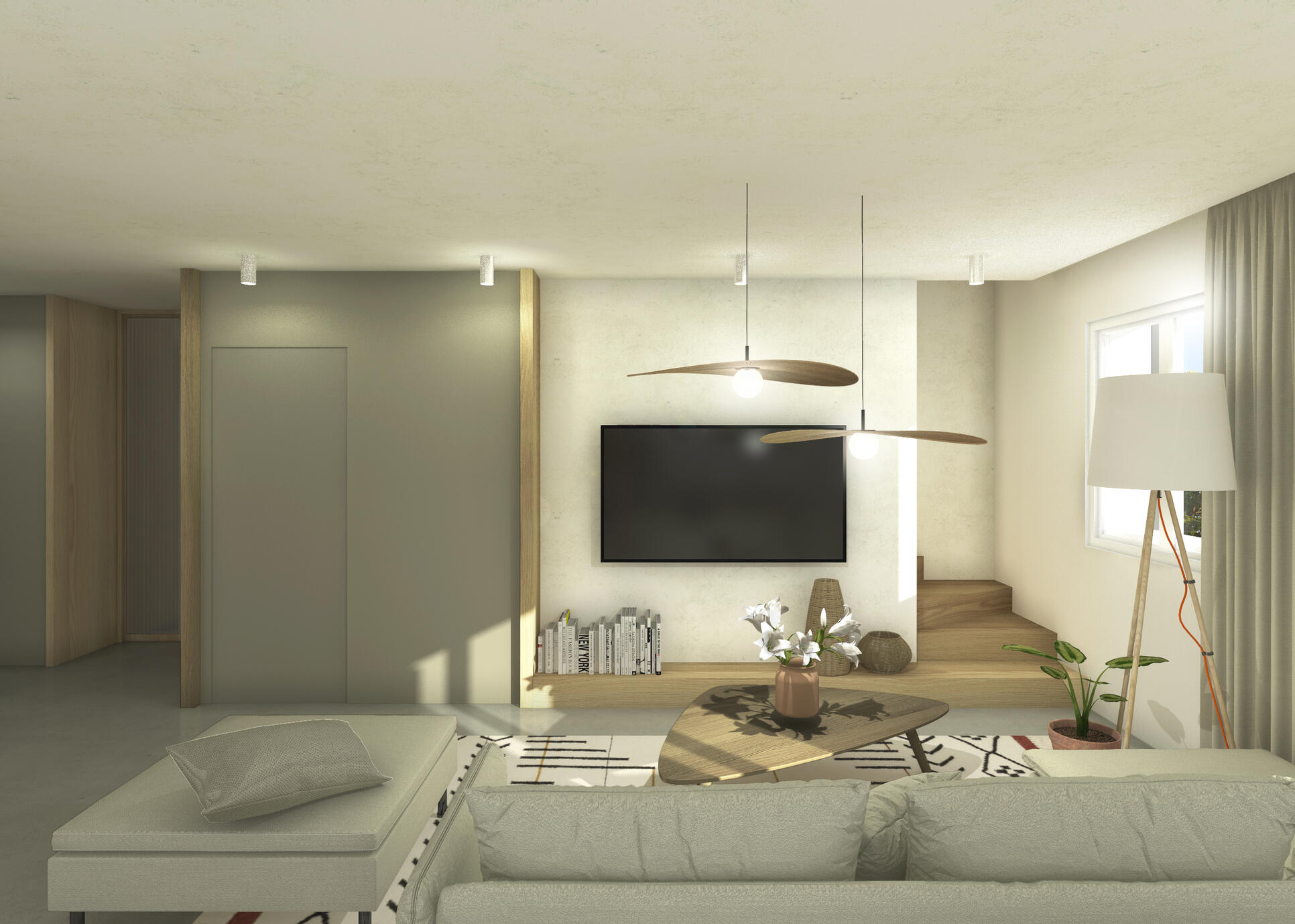 Ici l'enjeu était de complètement décloisonner les espaces de vie tout en prenant en compte certaines contraintes notamment les poteaux et les gaines .