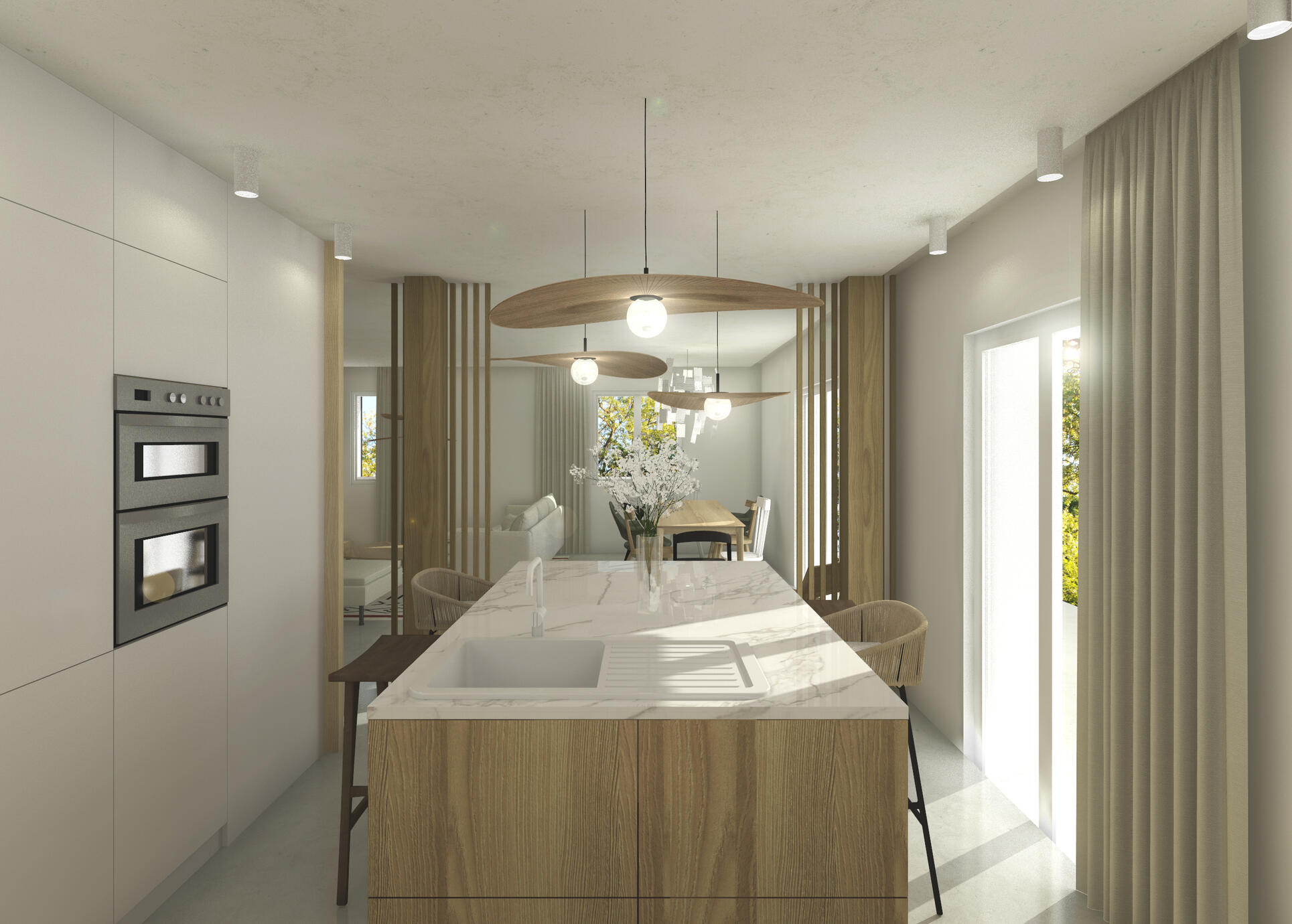 La cuisine est ouverte sur le séjour lui même ouvert sur le salon. L'ambiance recherché par les propriétaires chaleureux et minimaliste.