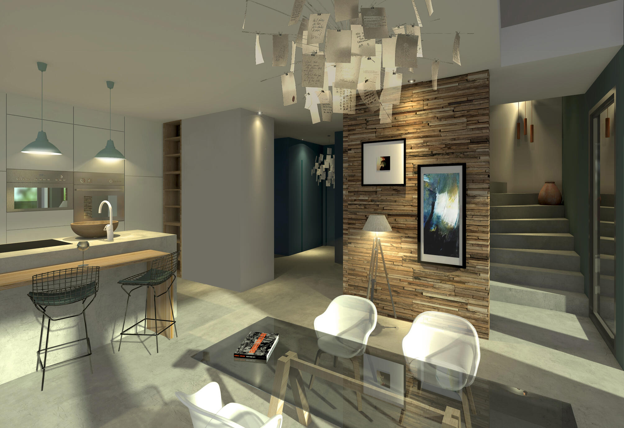 Cuisine & séjour dans un duplex.