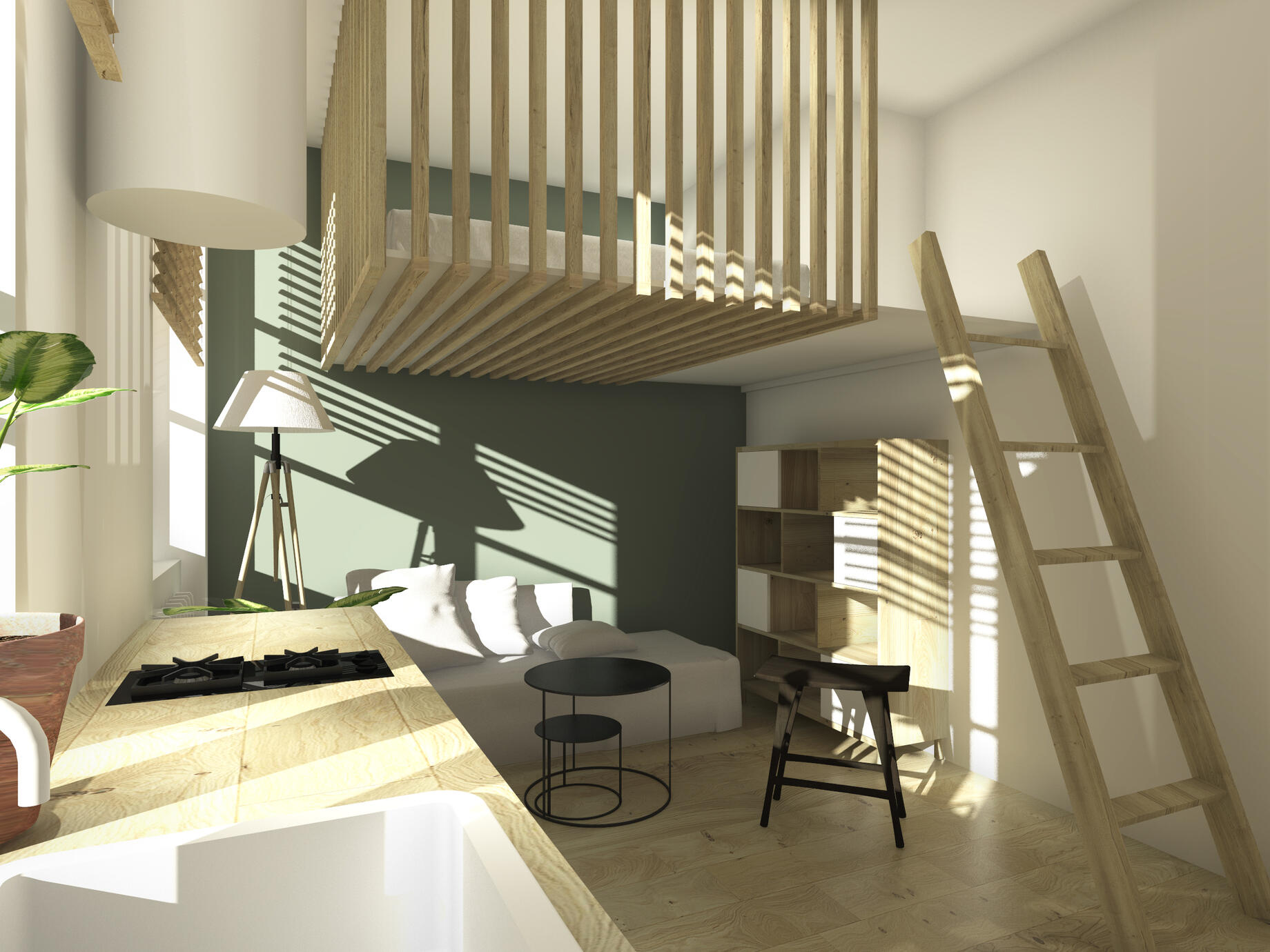 Ici l’enjeu était de diviser un appartement de 92m2 en deux pour venir aménager un studio avec mezzanine de 7m2.