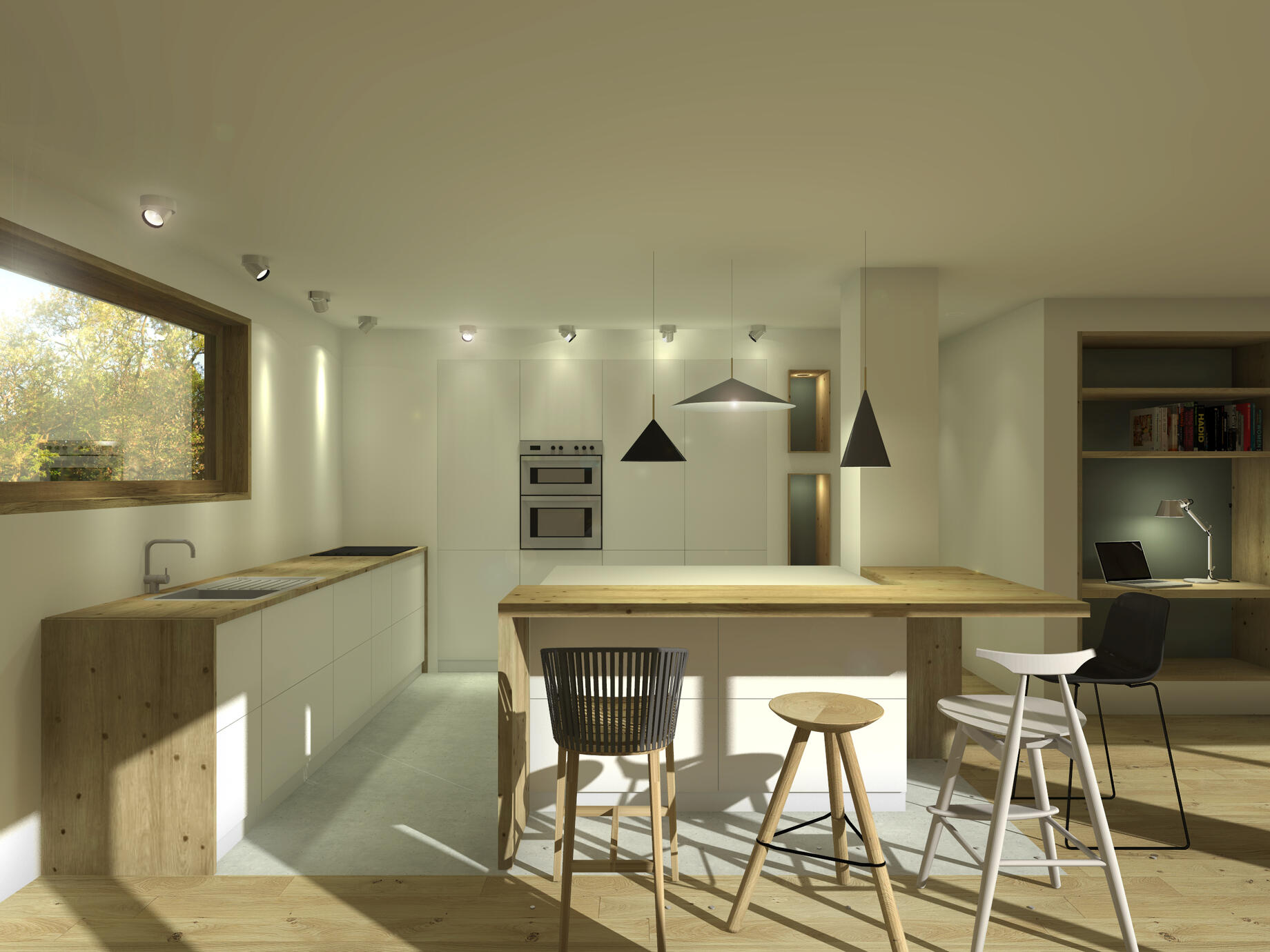 Cuisine encastrée dans une cloison et presque invisible dans un souhait d'épuration. L'îlot central vient intégrer une gaine de cheminée séparant l'espace cuisine du salon.