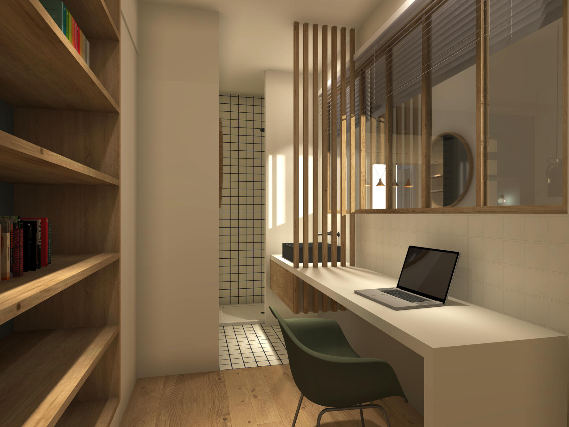 Aménagement d’un bureau/chambre d’appoint avec salle de bain derrière la verrière du salon d’un appartement avec comme superficie 13m2.