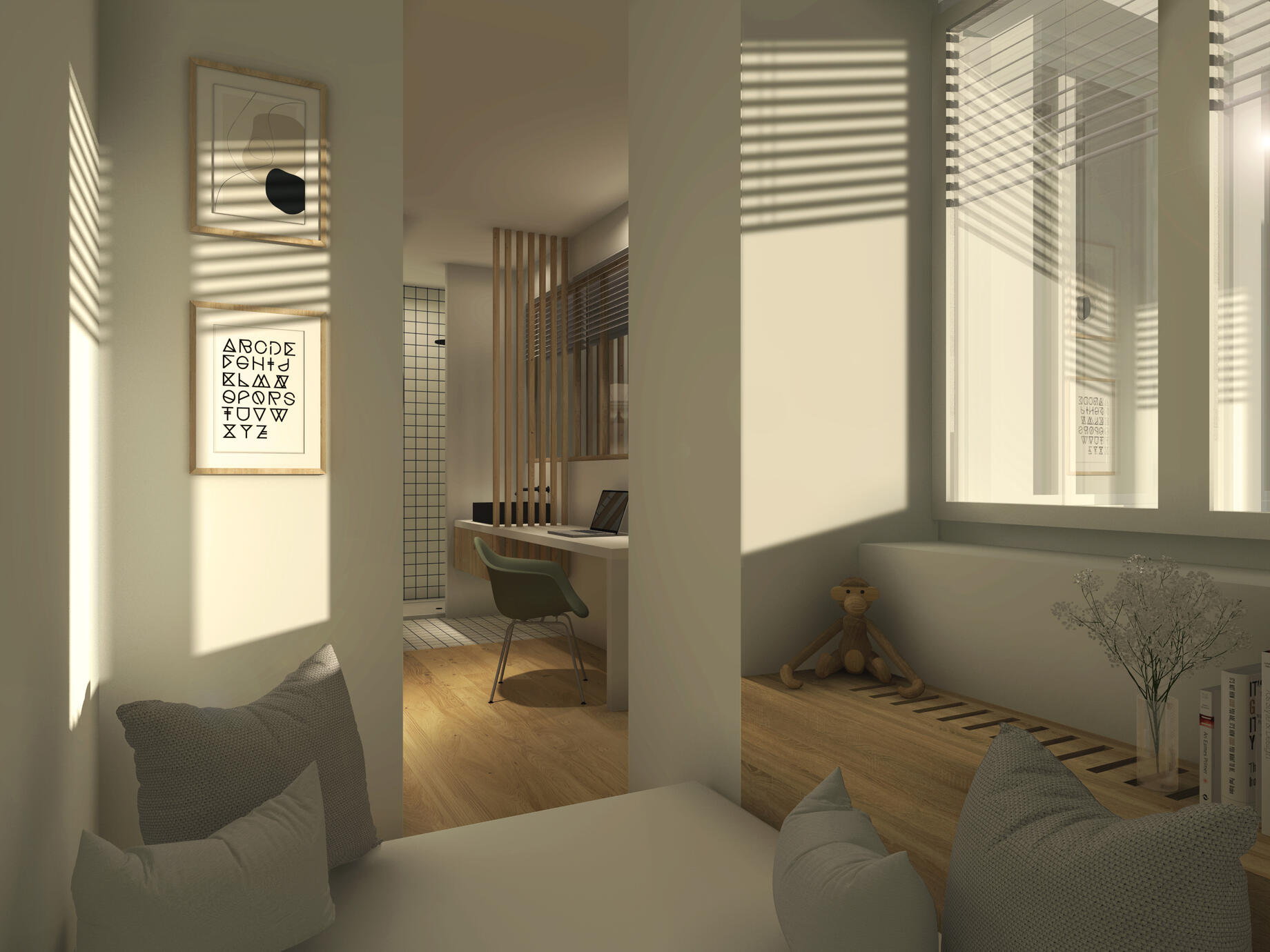 Un espace multi-fonction qui comporte : un lit deux places/ou coin « détente », une salle de bain, un bureau attenant, une bibliothèque, des rangements, une colonne lave-linge/sèche-linge.