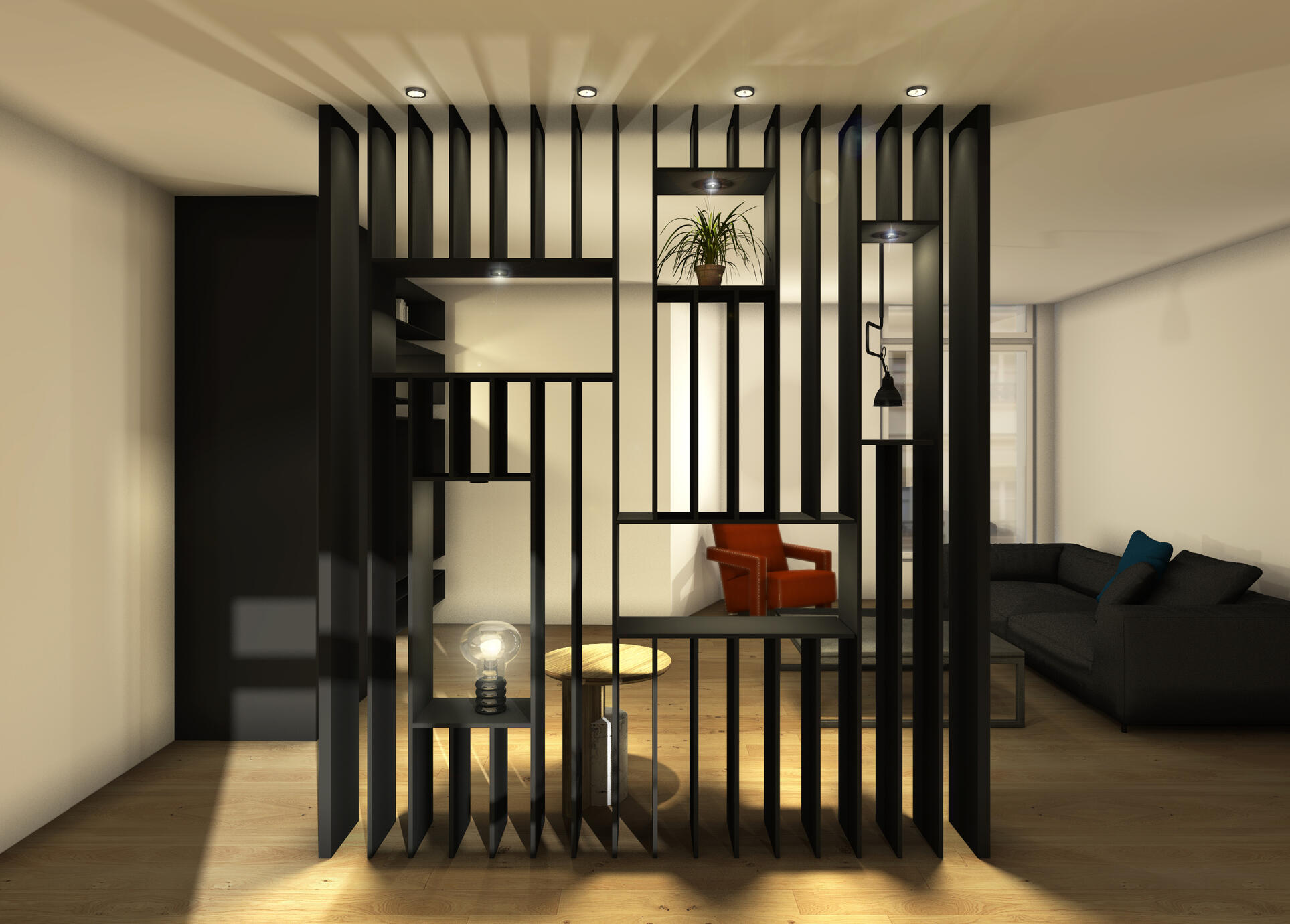 Le souhait était de décloisonner pour ainsi avoir de grand espace de vie, et faire communiquer le salon, la cuisine et la salle à manger. L’enjeu était d'intégrer au projet des poteaux métalique existants impossible de supprimer.