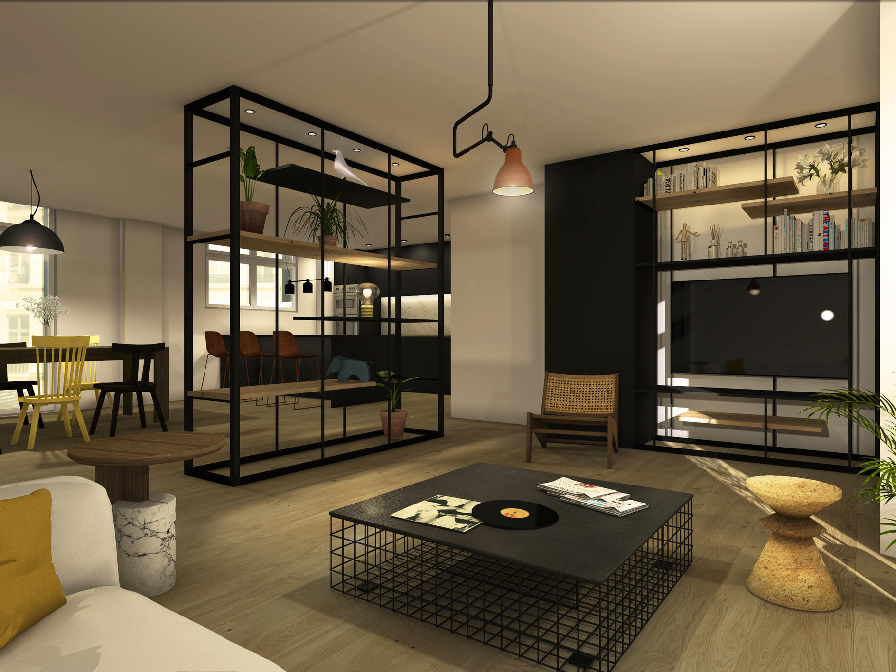 Ici, création d’un « meuble » bibliothèque de semi-séparation entre le salon et le séjour Cette espace était auparavant complètement cloisonné et accueillait une chambre.