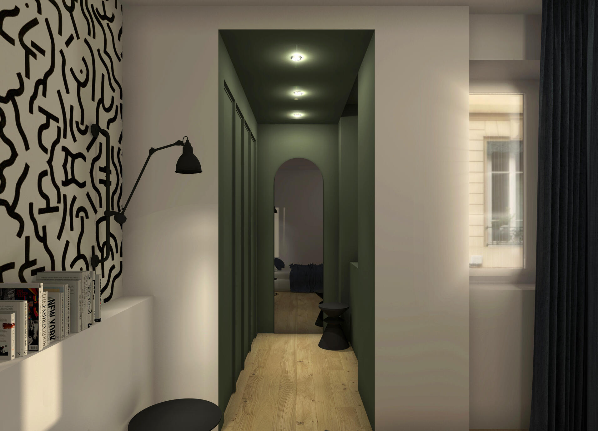 Dressing monochrome. Le vert au plafond comme sur les murs delimite l'espace dressing de la chambre.