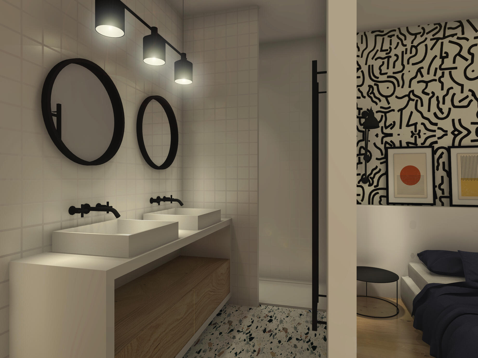 Le propriétaire souhaitait une suite résolument graphique. Robinetterie et papier peint noir et blanc.