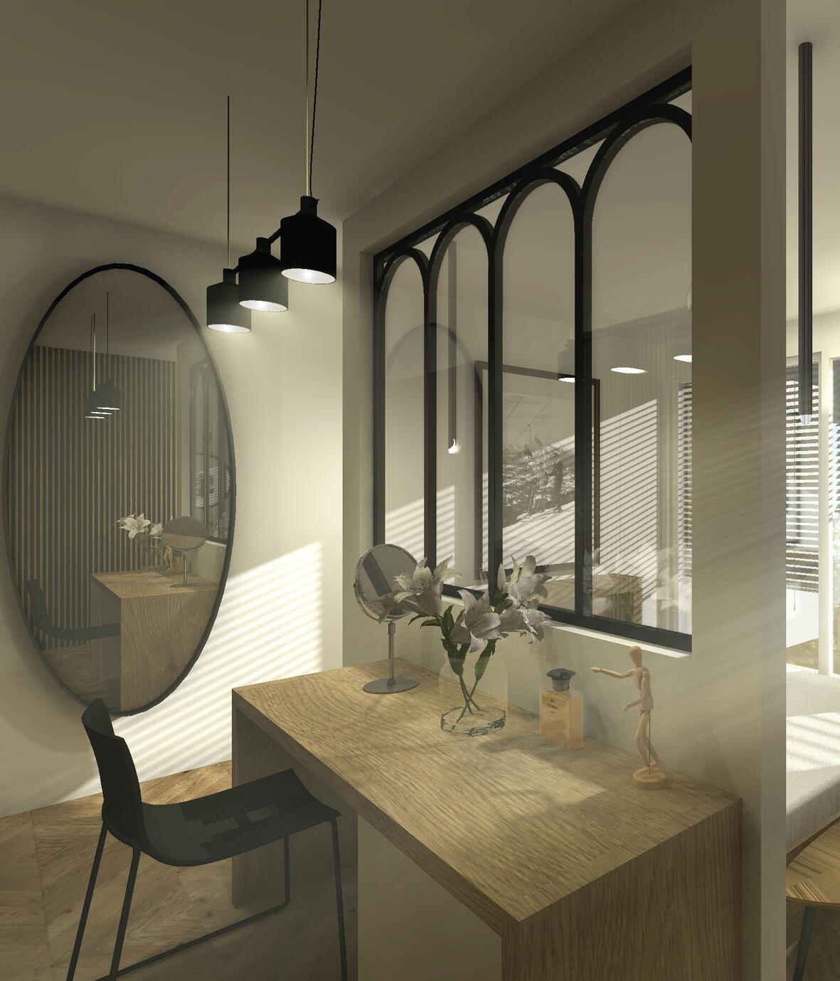 Verrière avec arche arrondie en tête de lit et maquilleuse côté dressing qui reçoit la lumière à travers le vitrage.