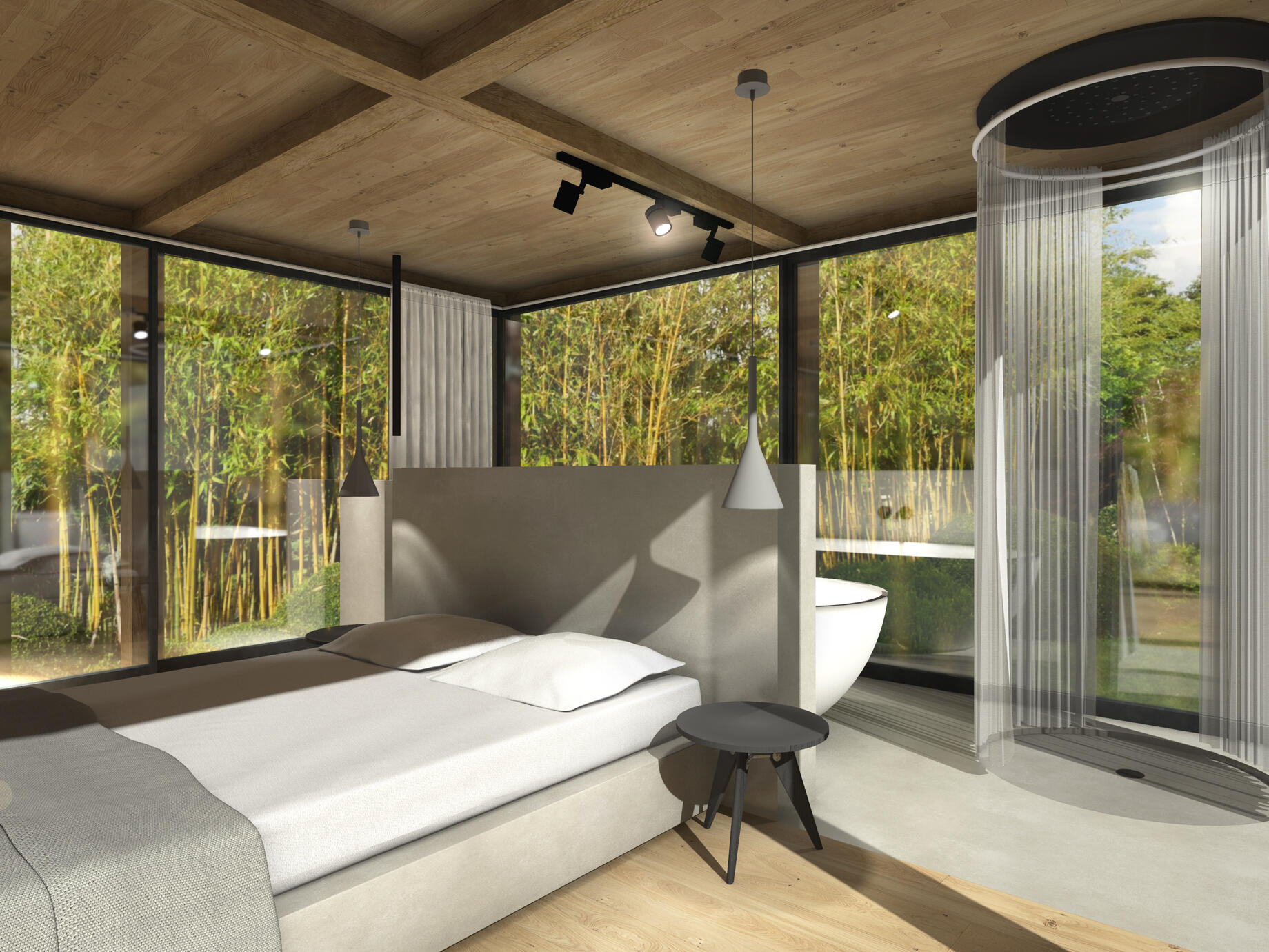 Un espace totalement ouvert sur son environnement grâce à des baies vitrées coulissantes sur chacune des façades de cette petite habitation. Bien sur pour l'intimité on peut occulter la lumière et l'extérieur avec des rideaux.