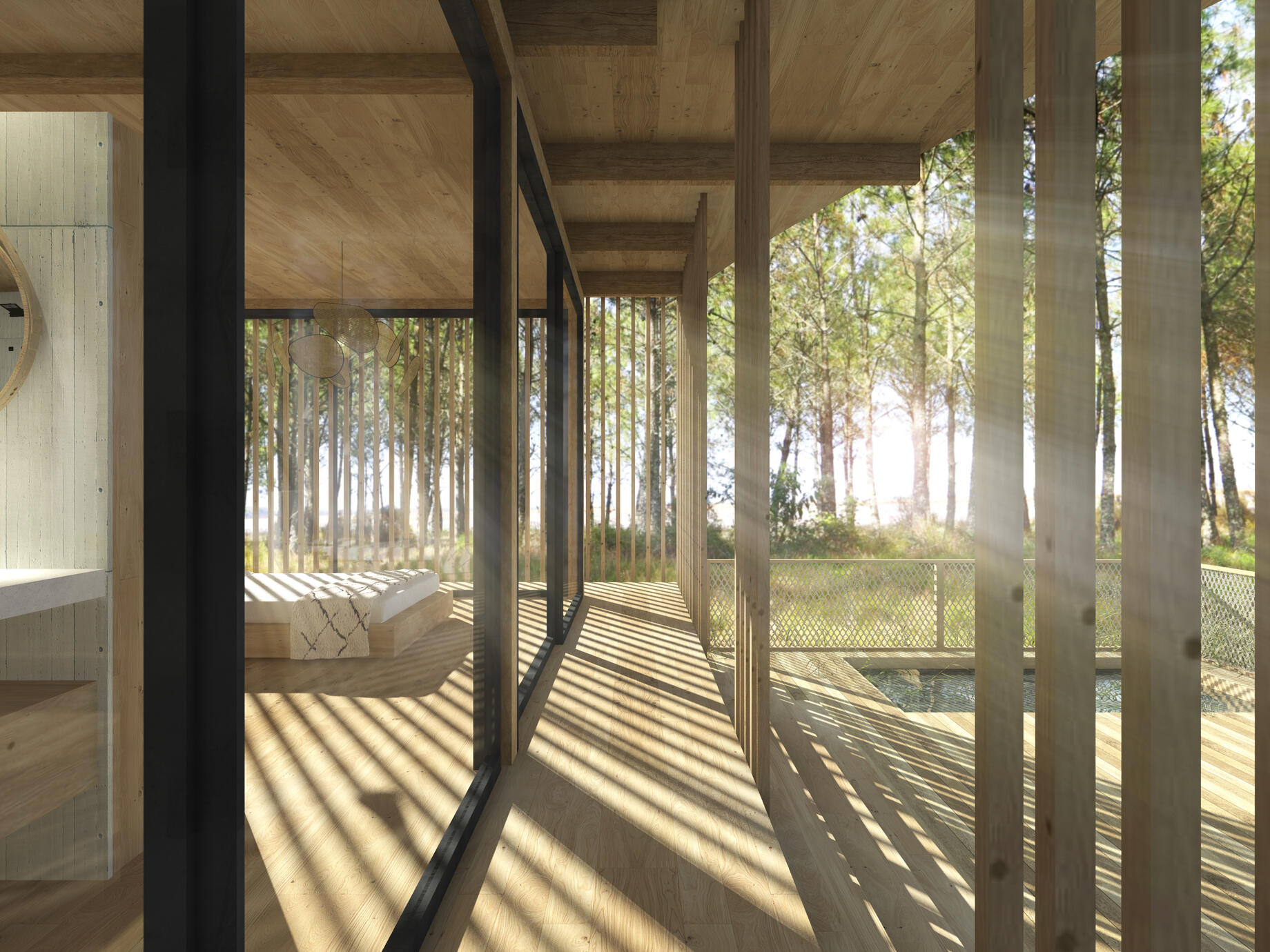 Système constructif sur pilotis. Avec de grandes baies vitrés coulissantes. Totalement ouvert sur la nature. Concept modulable éco-bois. Construction: carre-bois.store