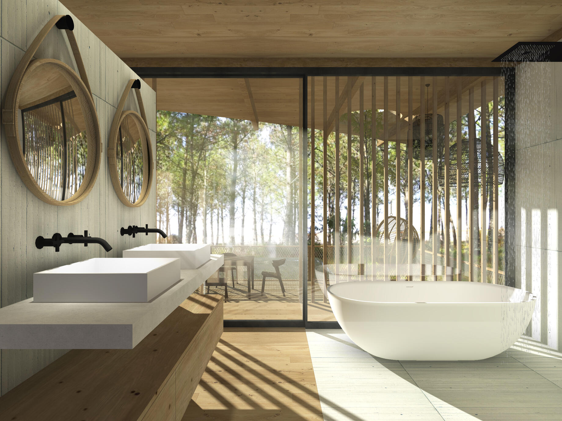 Toiture terrasse en étage -Double douche -Toilette séparé -Baignoire -Coin salon -Rangement avec mini-bar -Grande terrasse avec Jacuzzi en RDC -Grand lit double